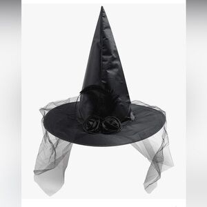 Black Witch Hat with Veil and Floral Detail